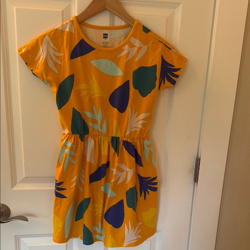 Girls' Yellow Tropical Print Short Sleeve Dress